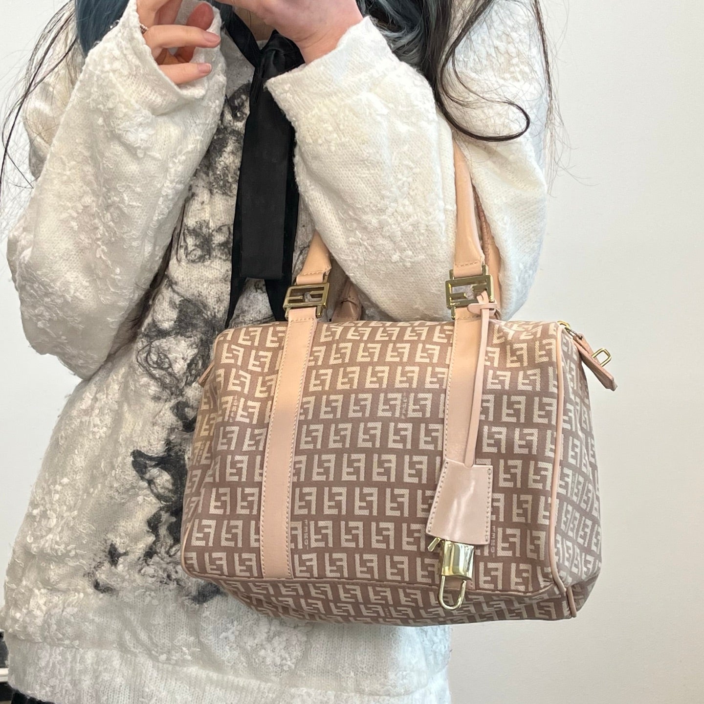 Fendi Pink Zucca Fabric Leather Trim Mini Boston Handbag [Used]