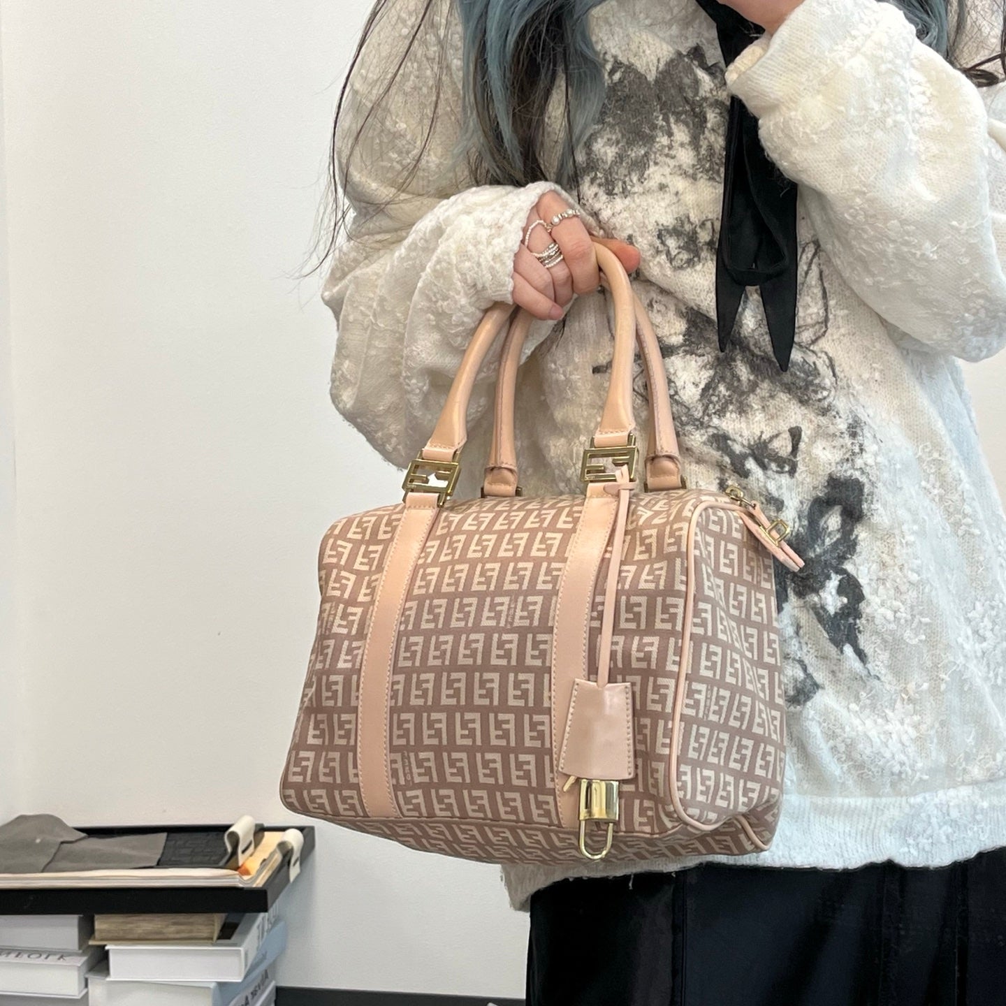 Fendi Pink Zucca Fabric Leather Trim Mini Boston Handbag [Used]