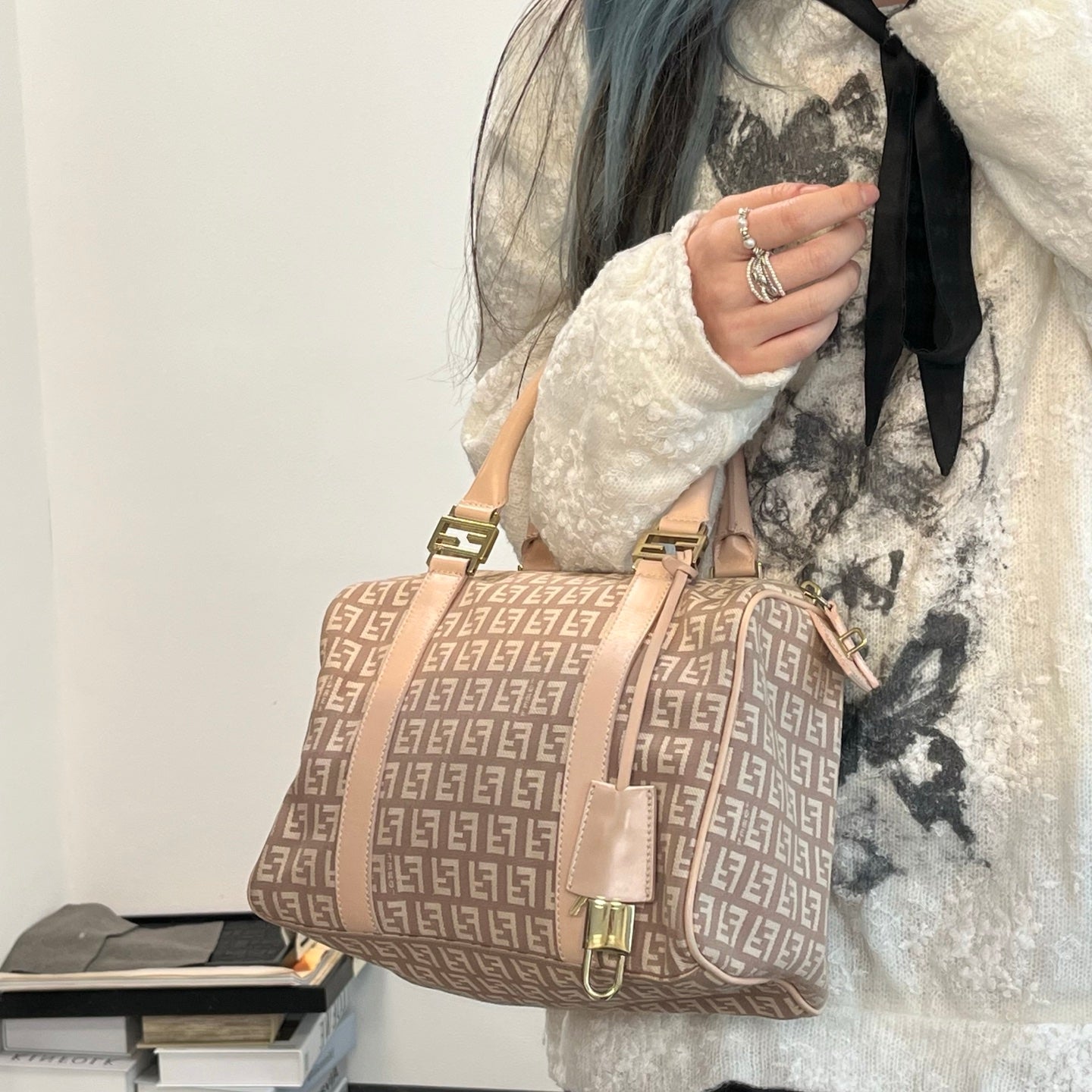 Fendi Pink Zucca Fabric Leather Trim Mini Boston Handbag [Used]