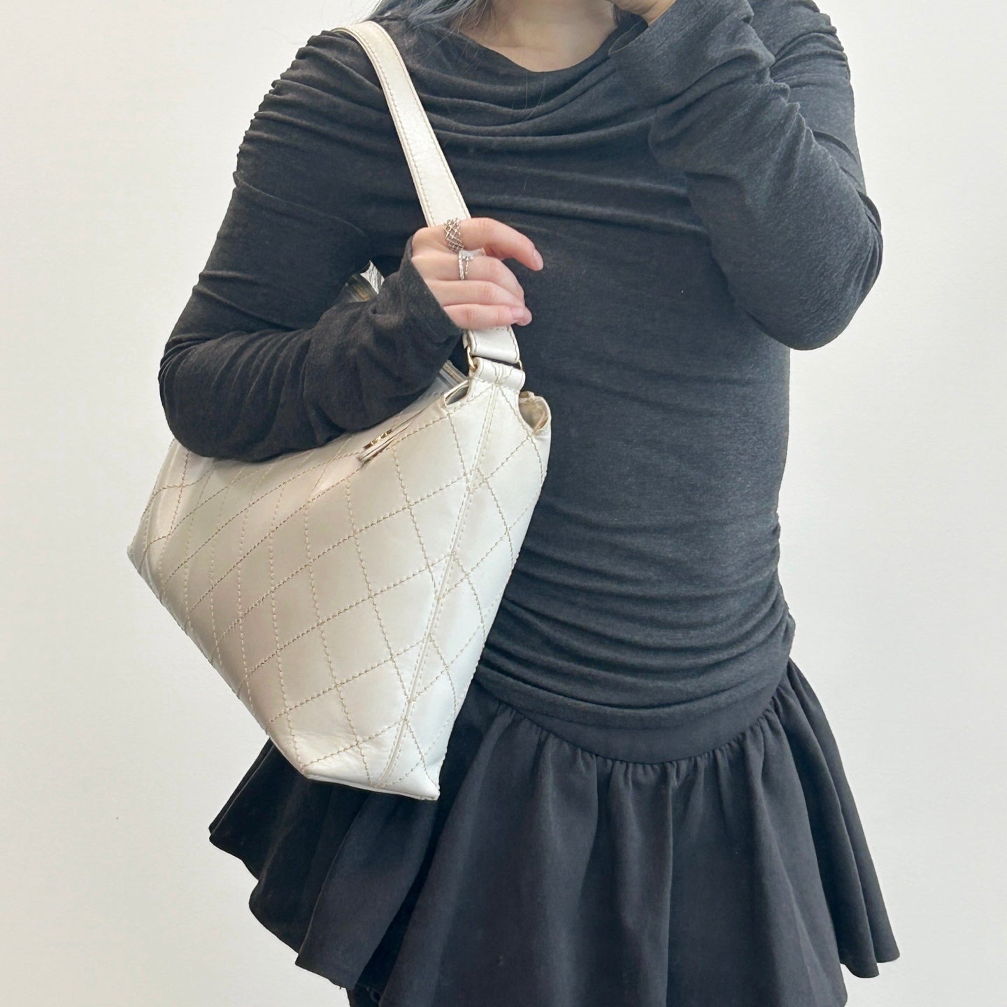 Chanel White External Stitch Shoulder Bag [Used]