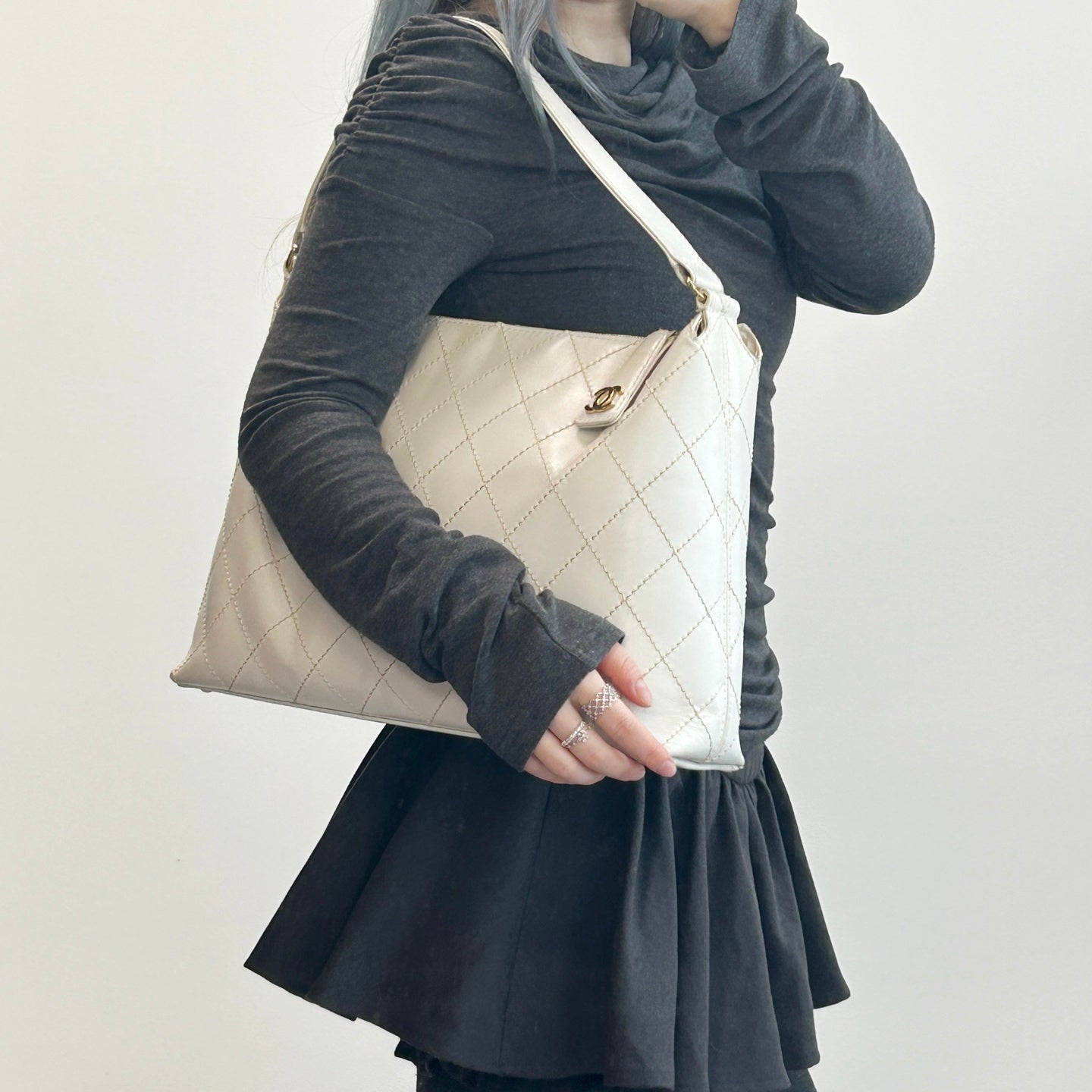 Chanel White External Stitch Shoulder Bag [Used]