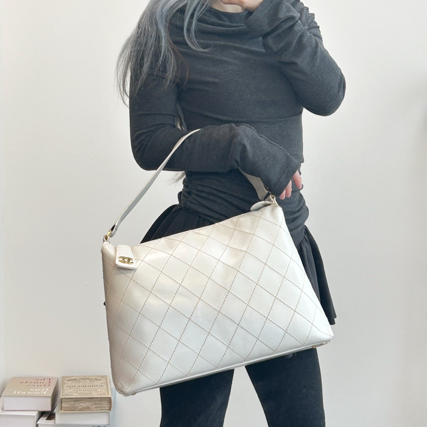Chanel White External Stitch Shoulder Bag [Used]