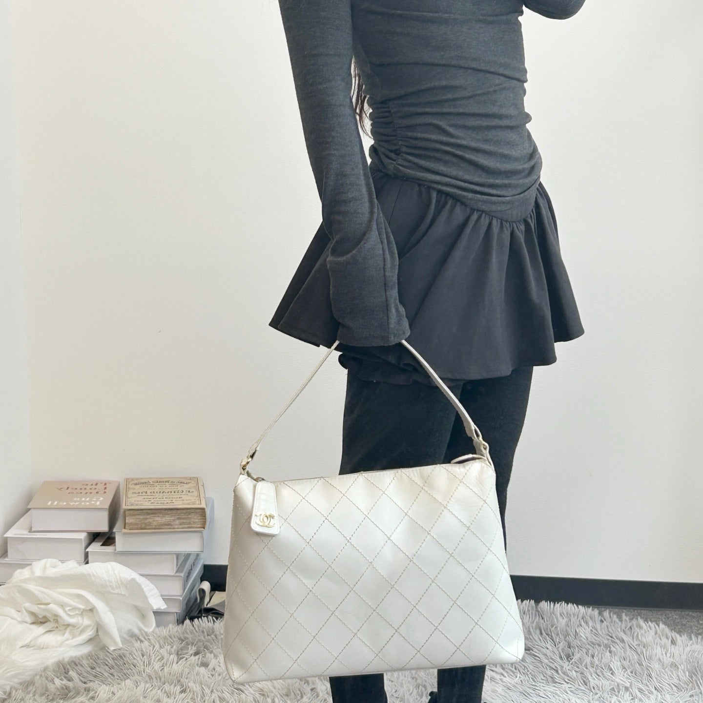 Chanel White External Stitch Shoulder Bag [Used]