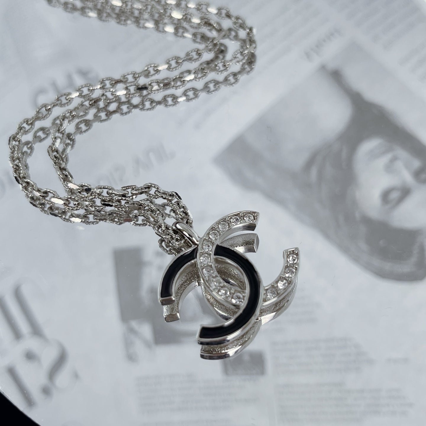 Chanel Black Silver Rhinestone CC Necklace [Used]