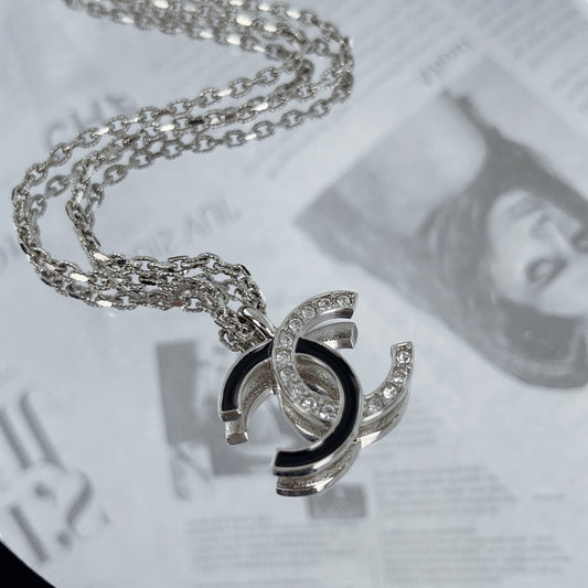 Chanel Black Silver Rhinestone CC Necklace [Used]