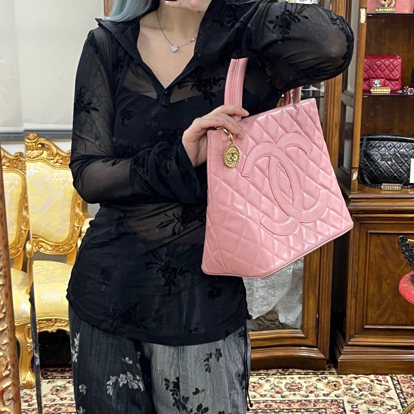 Chanel Pink Quilted Caviar Leather Medallion Tote Bag [Used]