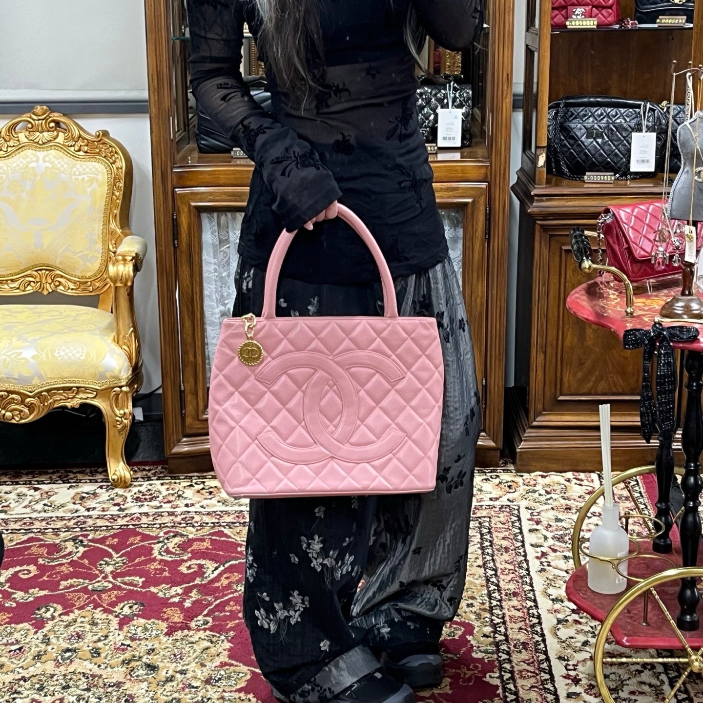 Chanel Pink Quilted Caviar Leather Medallion Tote Bag [Used]