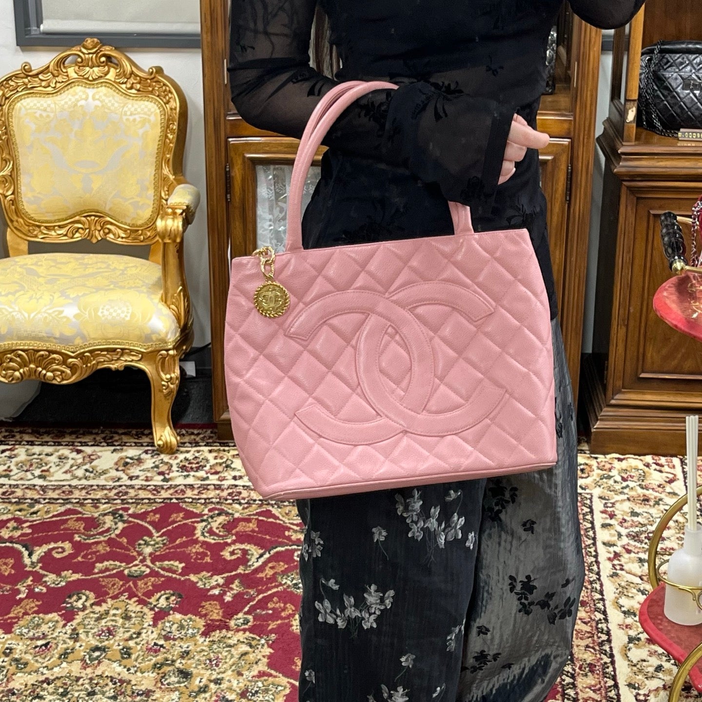Chanel Pink Quilted Caviar Leather Medallion Tote Bag [Used]