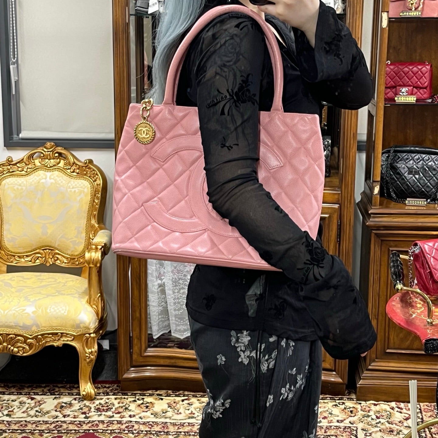 Chanel Pink Quilted Caviar Leather Medallion Tote Bag [Used]