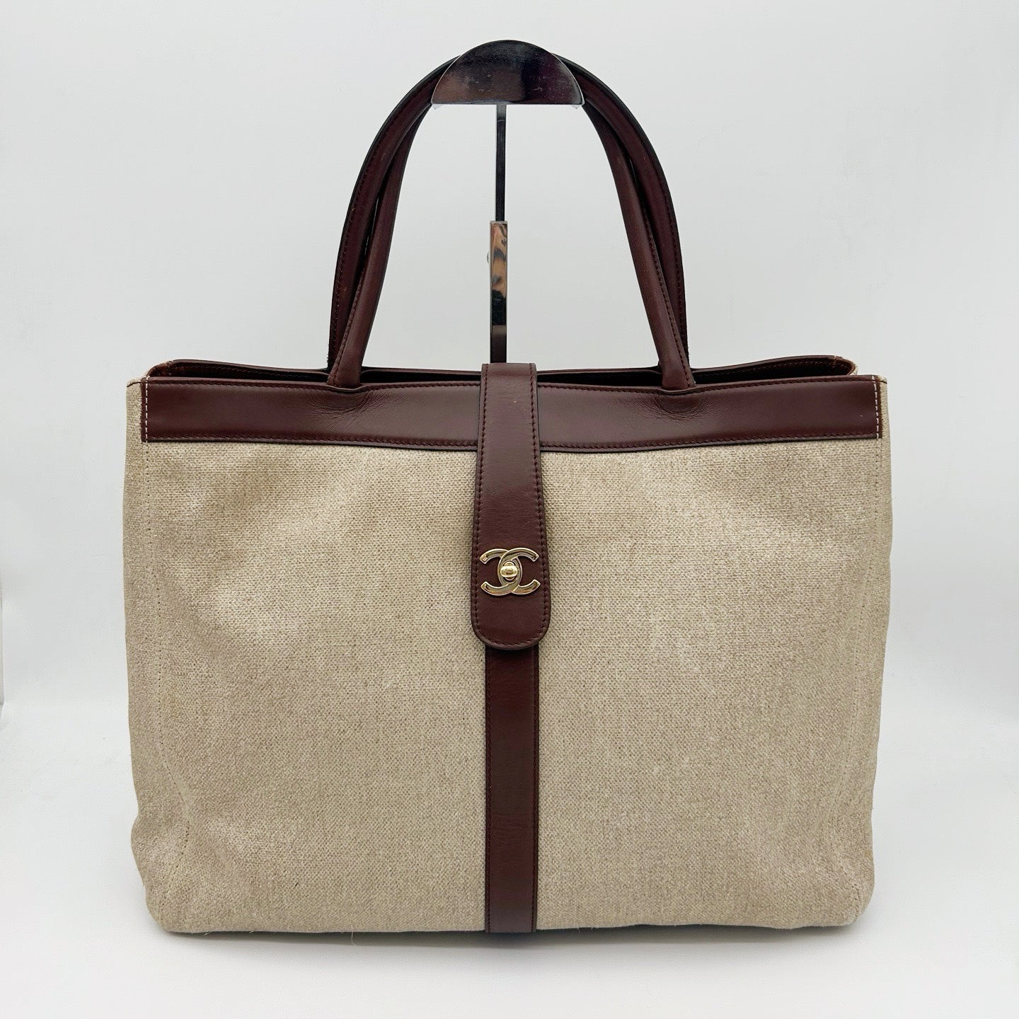 Chanel Brown Coated Linen Leather Trim School Lock Tote Bag [Used]