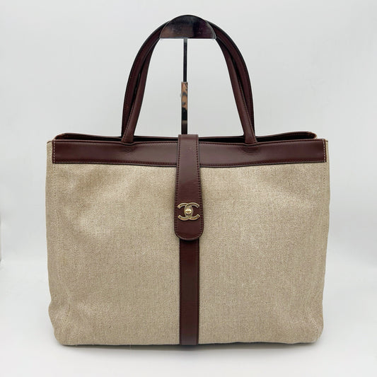 Chanel Brown Coated Linen Leather Trim School Lock Tote Bag [Used]