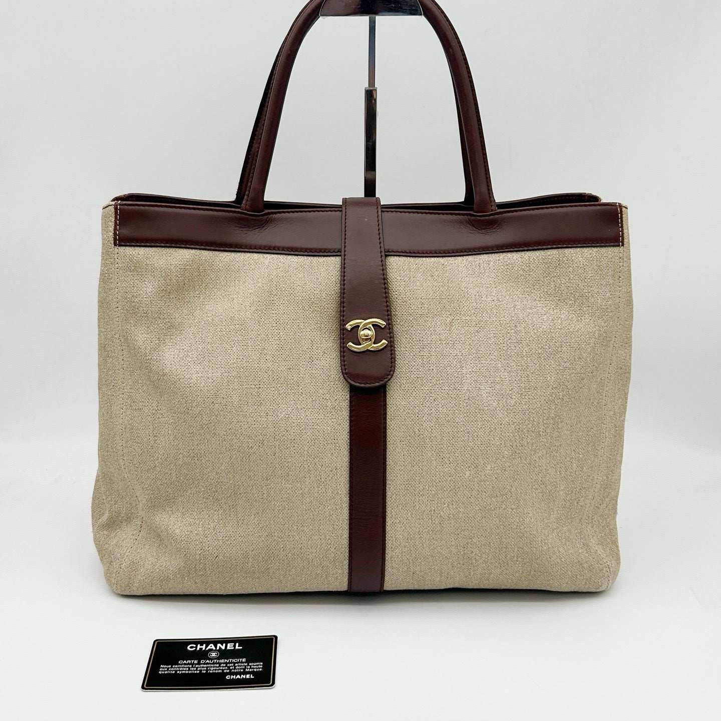 Chanel Brown Coated Linen Leather Trim School Lock Tote Bag [Used]
