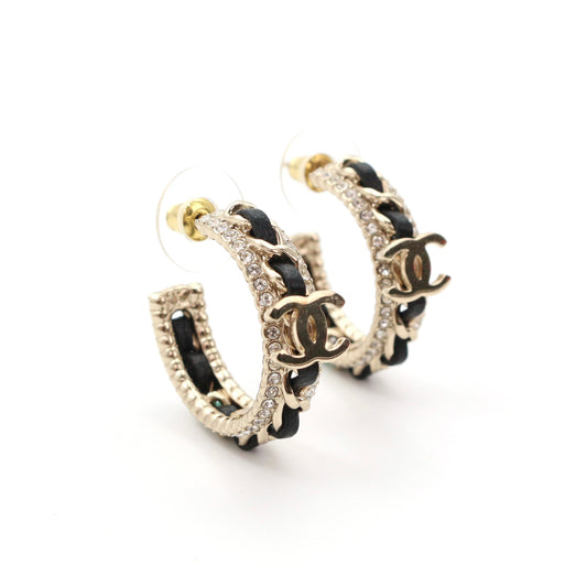 Chanel Black / Gold Rhinestone CC Chain Hoop Earrings 2021 [Used]