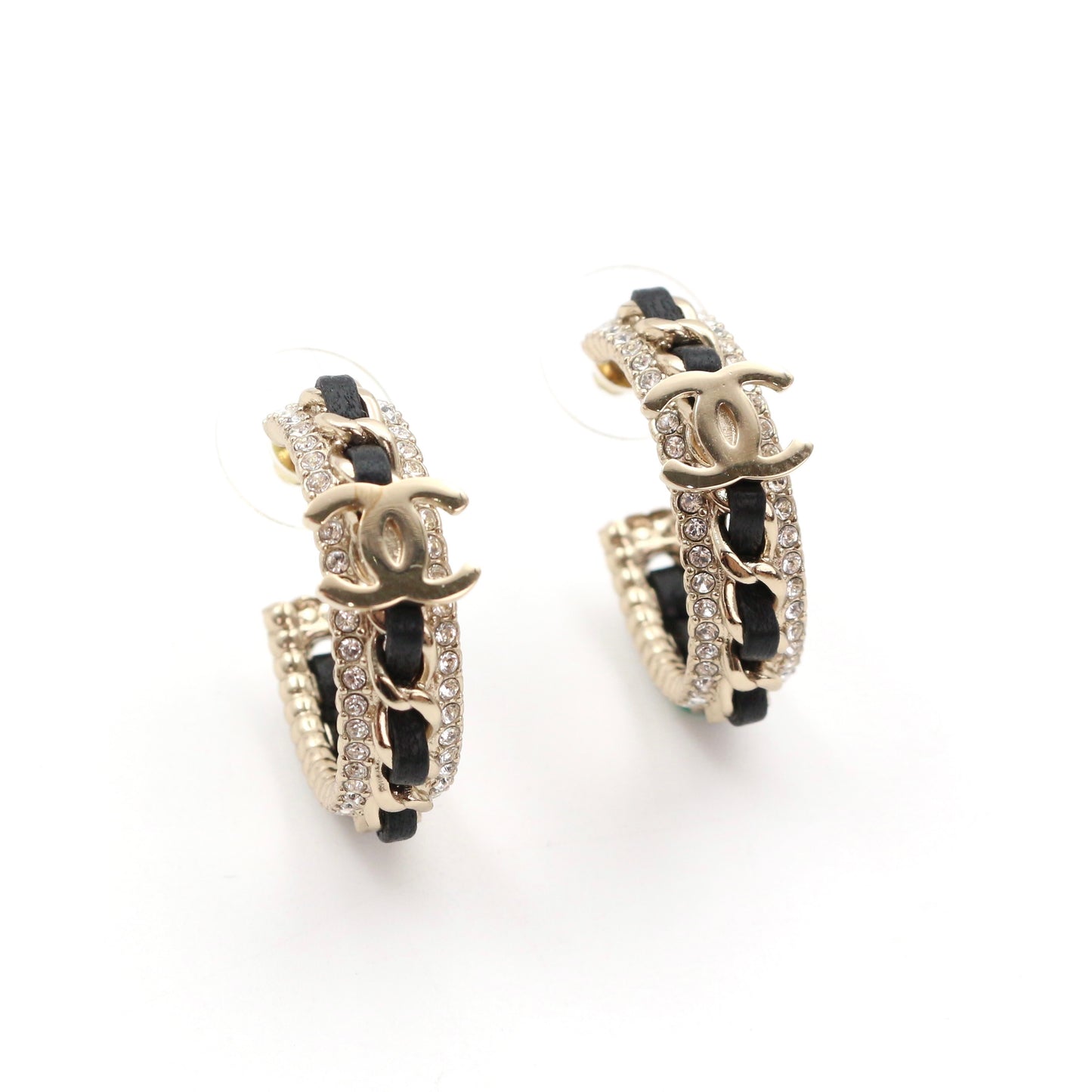 Chanel Black / Gold Rhinestone CC Chain Hoop Earrings 2021 [Used]
