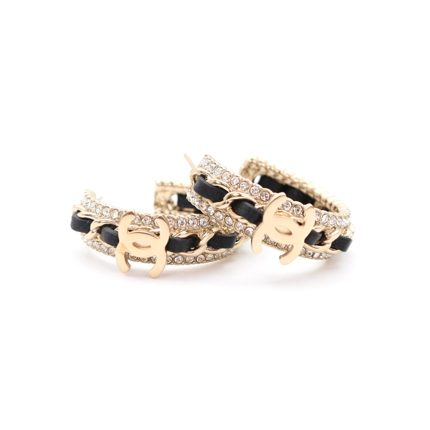 Chanel Black / Gold Rhinestone CC Chain Hoop Earrings 2021 [Used]