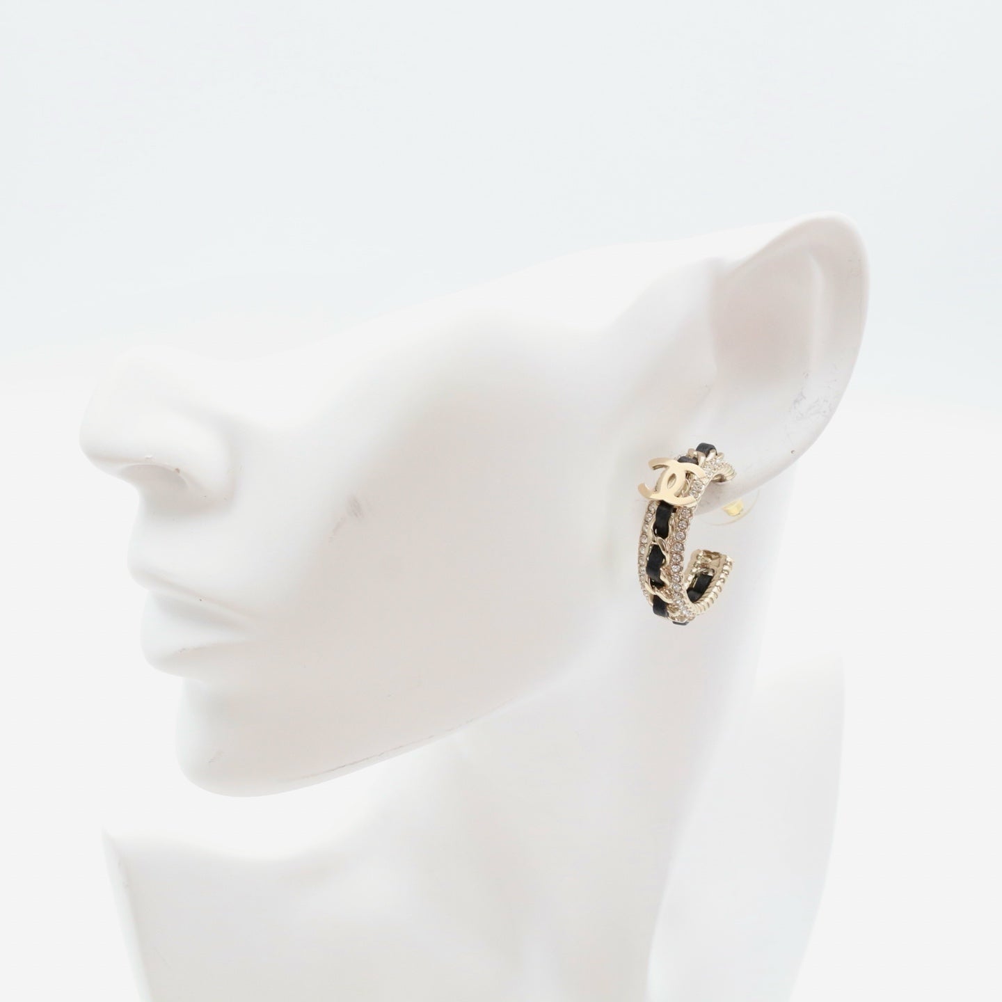 Chanel Black / Gold Rhinestone CC Chain Hoop Earrings 2021 [Used]