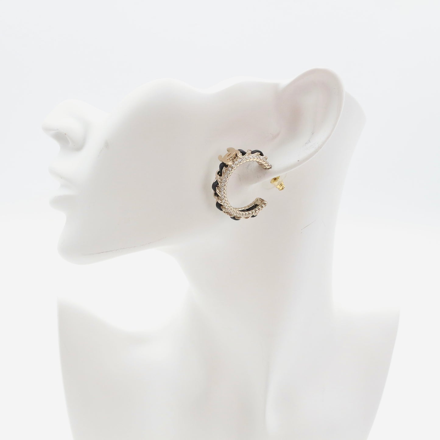 Chanel Black / Gold Rhinestone CC Chain Hoop Earrings 2021 [Used]