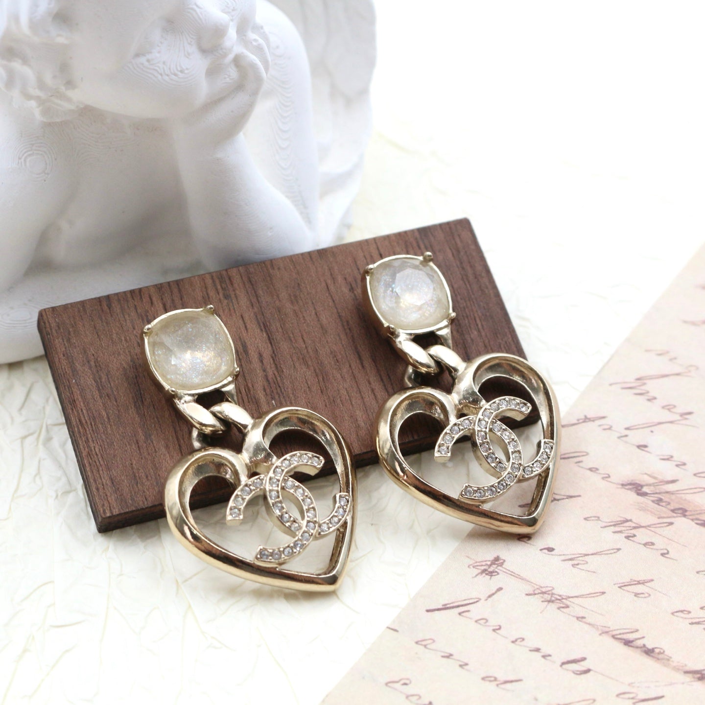 Chanel Gold Heart CC Rhinestone Drop Earrings C23C[Used]