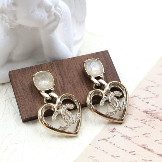 Chanel Gold Heart CC Rhinestone Drop Earrings C23C[Used]
