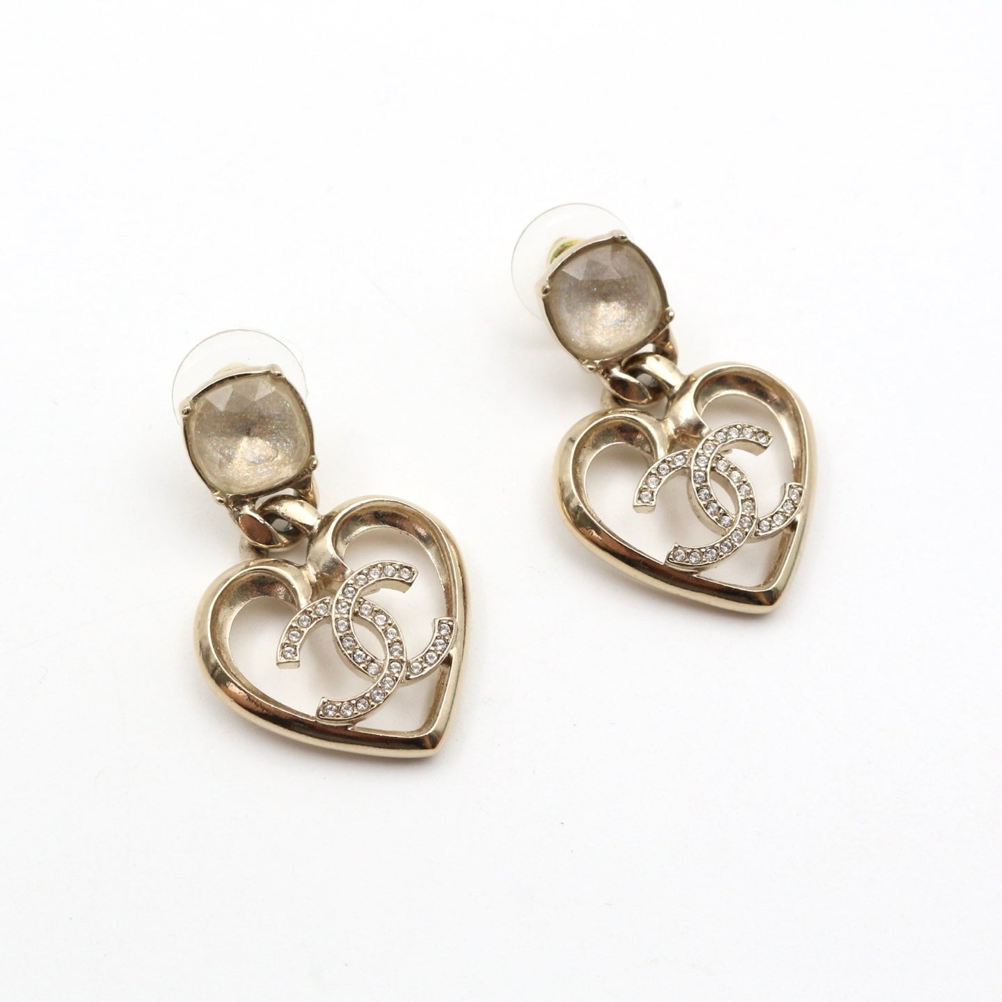 Chanel Gold Heart CC Rhinestone Drop Earrings C23C[Used]