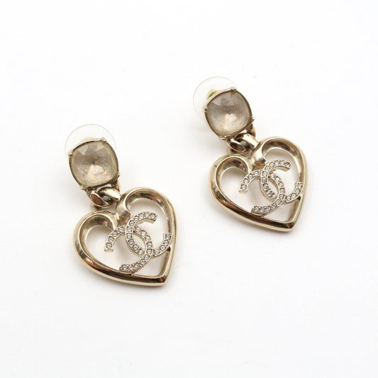 Chanel Gold Heart CC Rhinestone Drop Earrings C23C[Used]