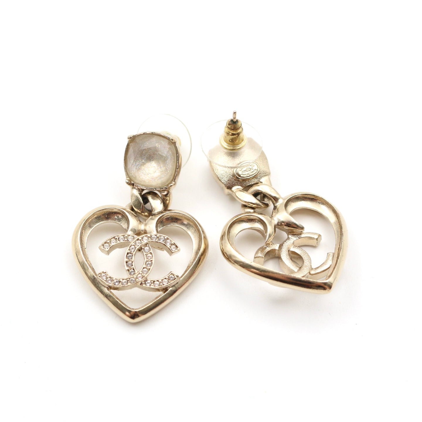 Chanel Gold Heart CC Rhinestone Drop Earrings C23C[Used]
