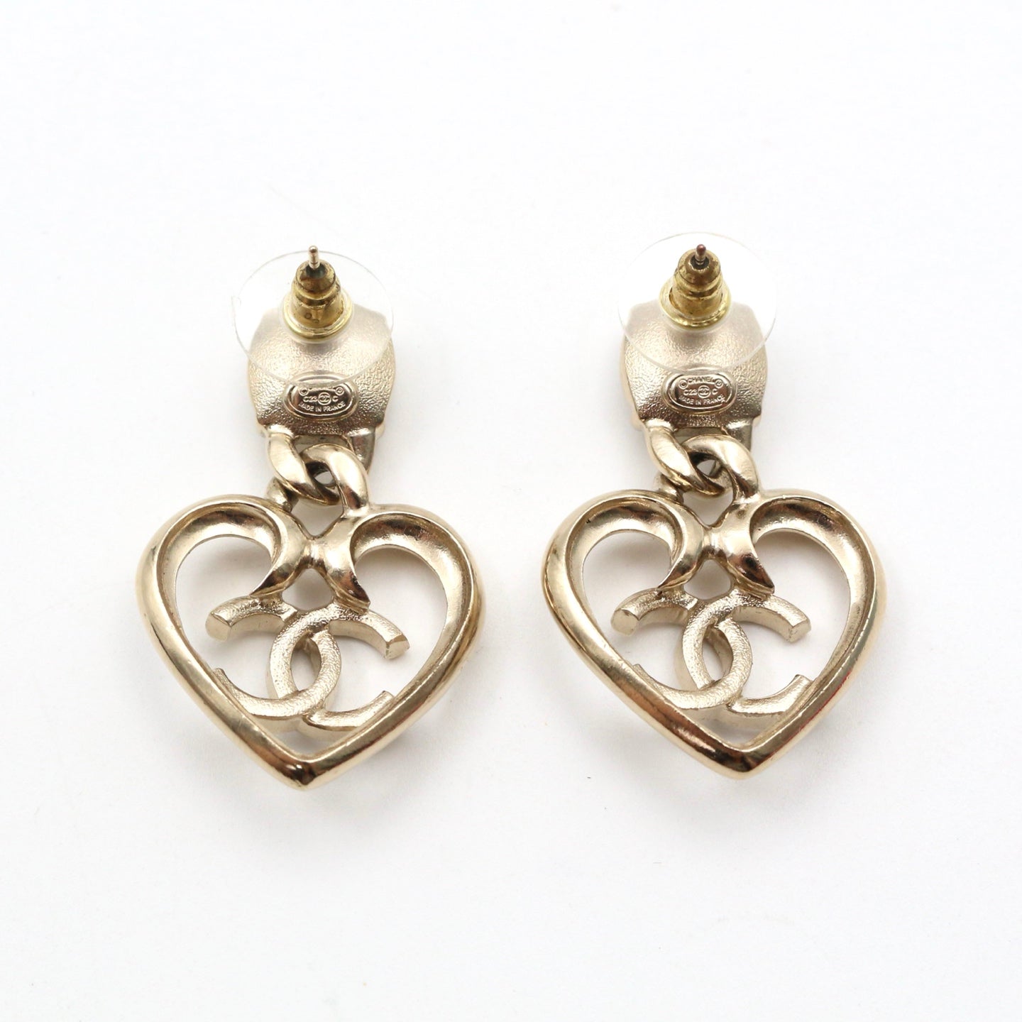 Chanel Gold Heart CC Rhinestone Drop Earrings C23C[Used]