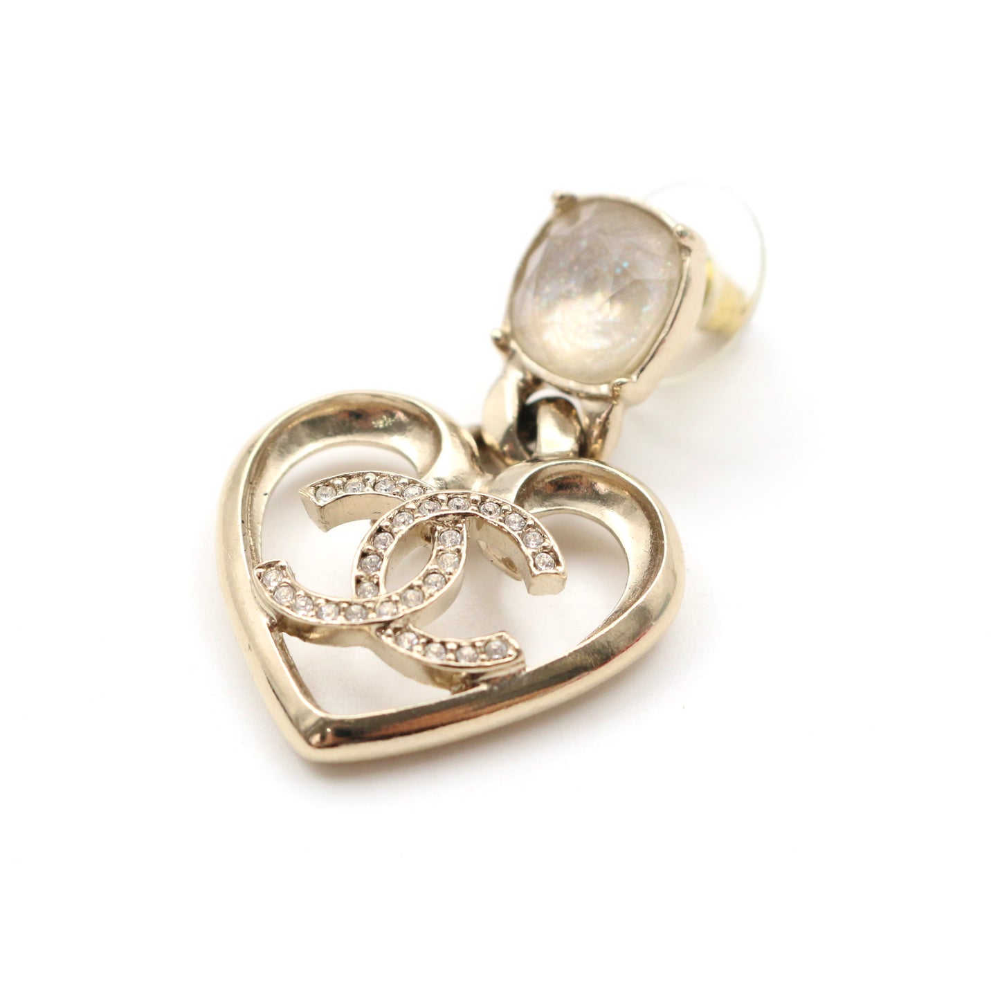 Chanel Gold Heart CC Rhinestone Drop Earrings C23C[Used]