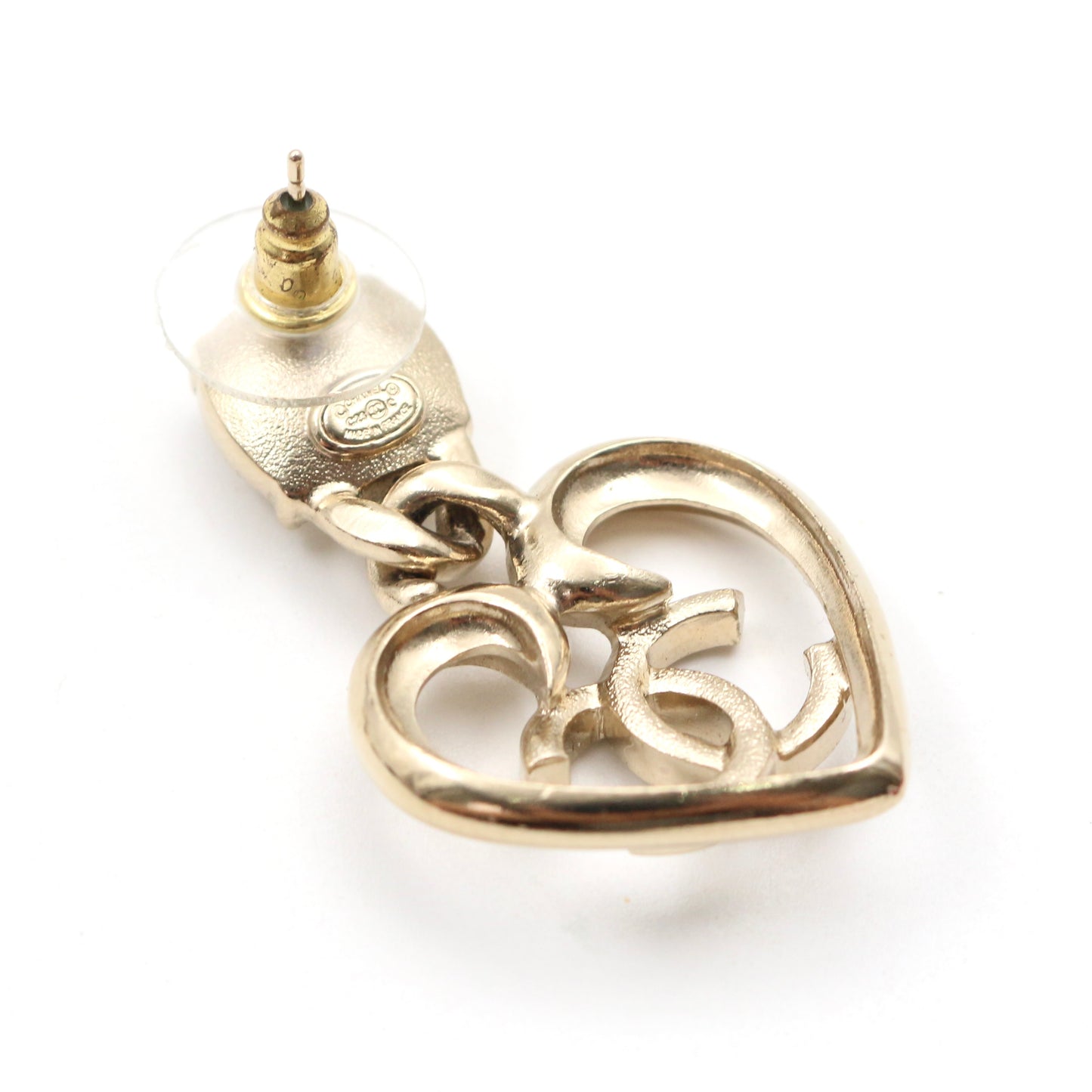 Chanel Gold Heart CC Rhinestone Drop Earrings C23C[Used]