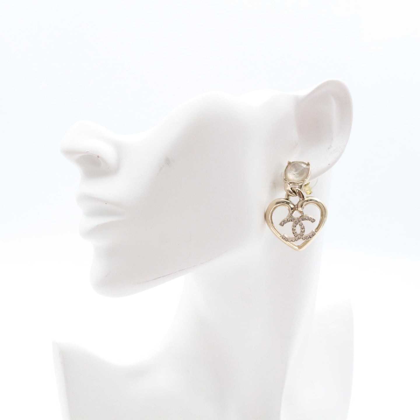 Chanel Gold Heart CC Rhinestone Drop Earrings C23C[Used]