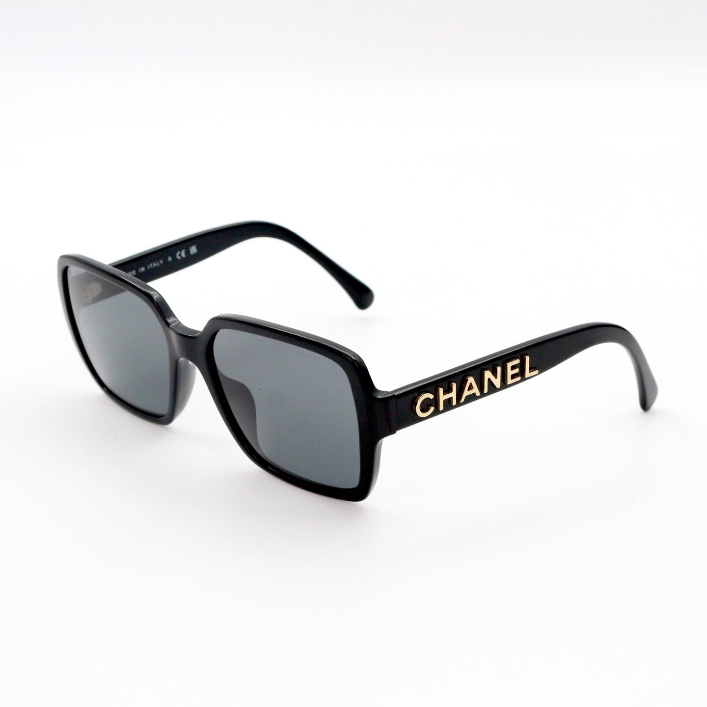 CHANEL Black Gold Logo Square Frame Sunglasses [Used]