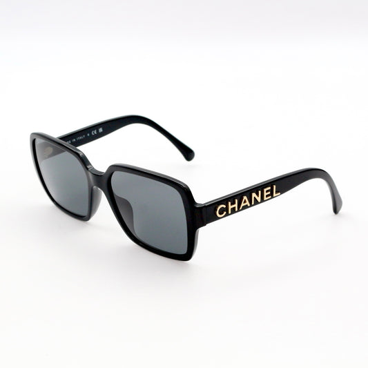 CHANEL Black Gold Logo Square Frame Sunglasses [Used]