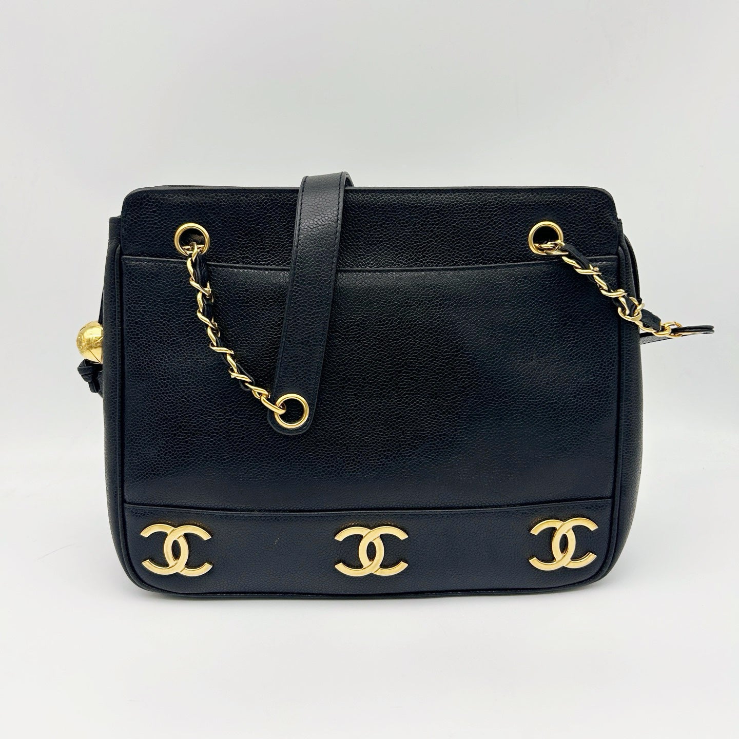 Chanel Caviar Leather Gold Ball Shoulder Tote Bag [Used]