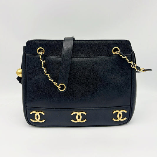 Chanel Caviar Leather Gold Ball Shoulder Tote Bag [Used]