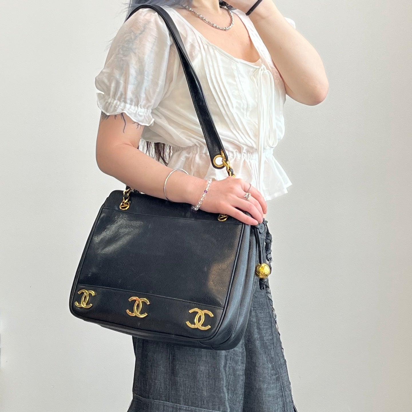 Chanel Caviar Leather Gold Ball Shoulder Tote Bag [Used]