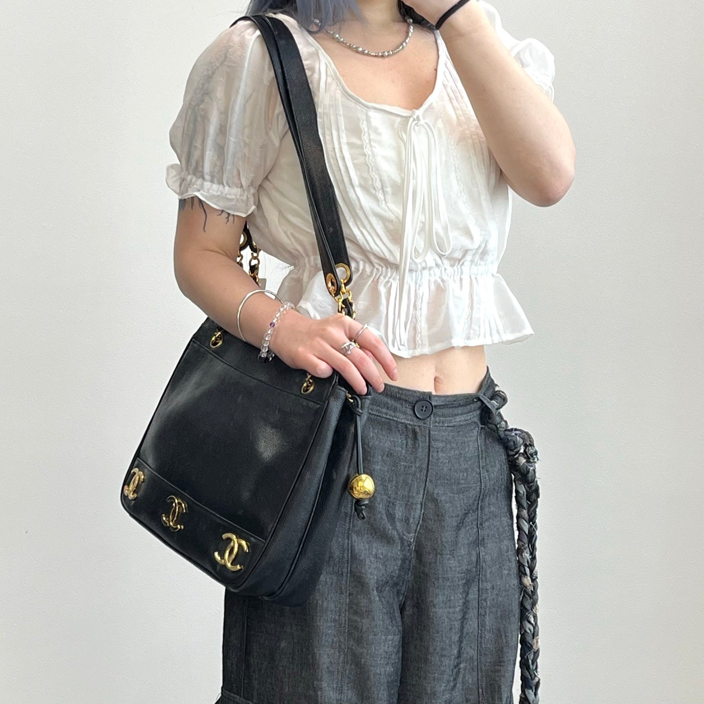 Chanel Caviar Leather Gold Ball Shoulder Tote Bag [Used]