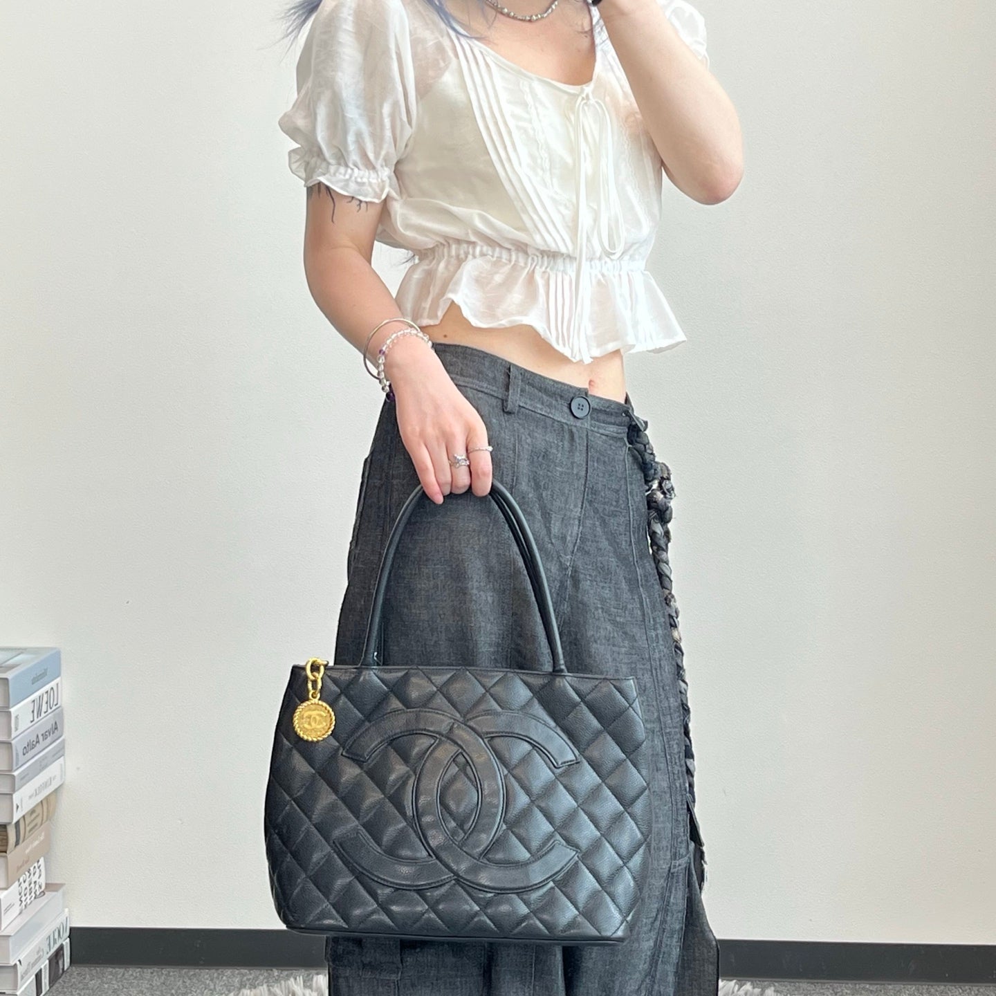 Chanel Black Caviar Leather Medallion Tote Bag [Used]
