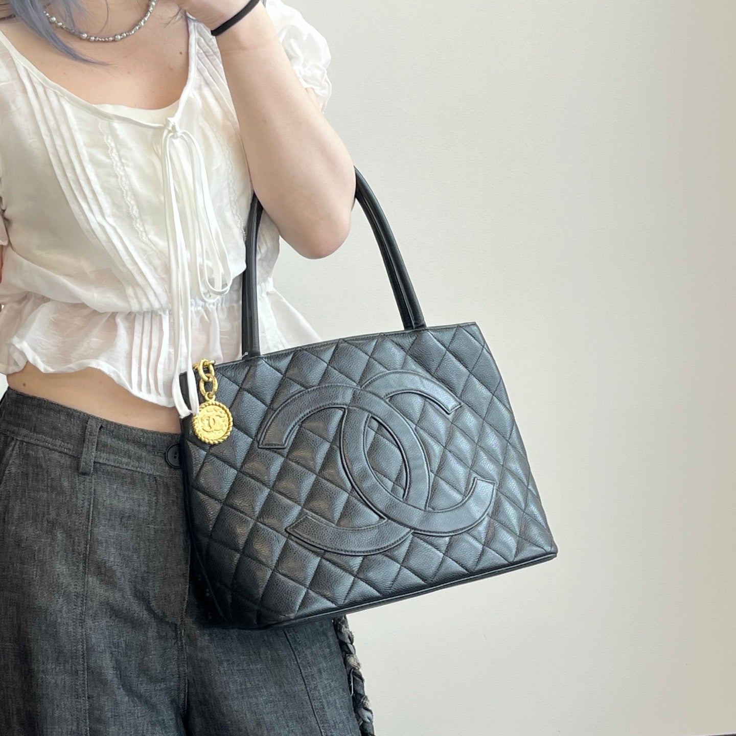 Chanel Black Caviar Leather Medallion Tote Bag [Used]