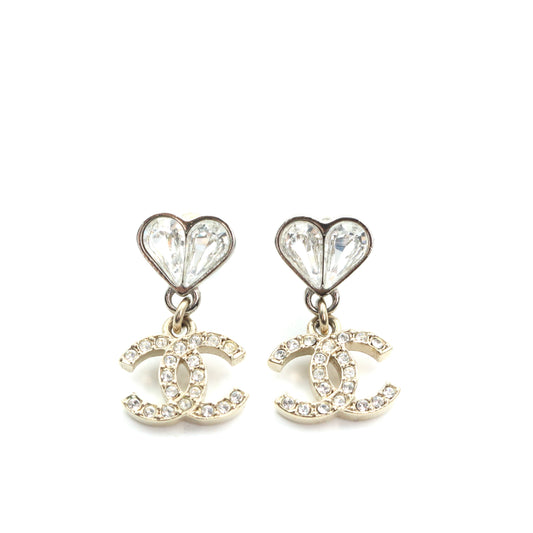 Chanel Heart Crystal CC Drop Earrings C23S Gold [Used]