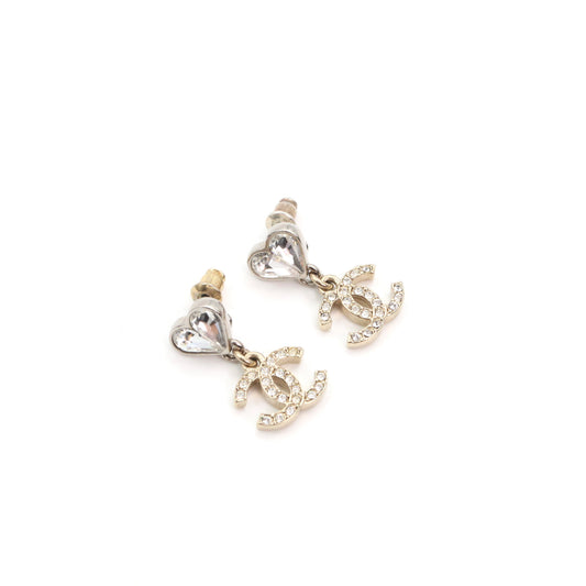 Chanel Heart Crystal CC Drop Earrings C23S Gold [Used]