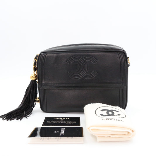 Chanel Lambskin CC Tassel Camera Bag Black Gold [Used]