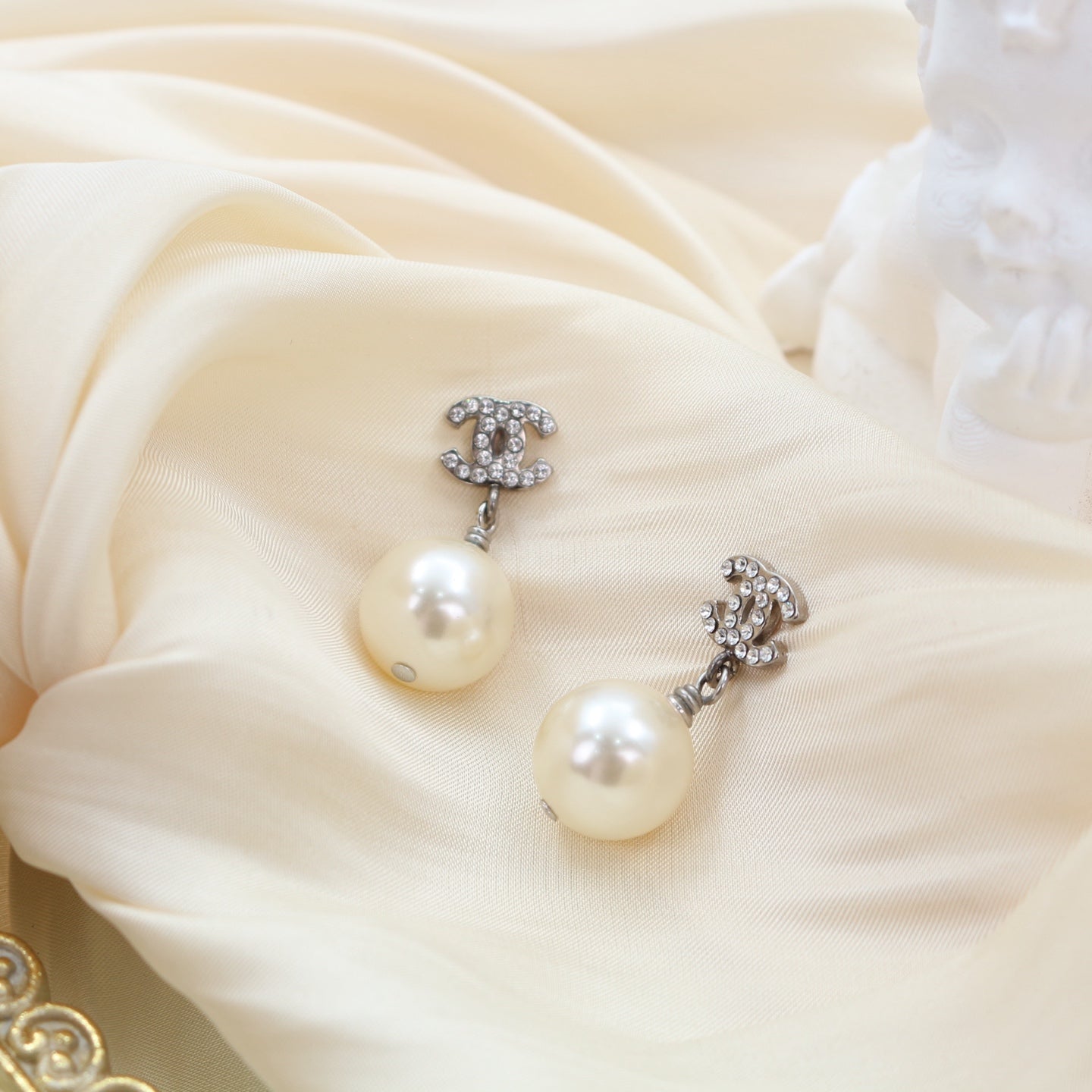 Chanel Crystal CC Faux Pearl Drop Earrings B14V Silver [Used]