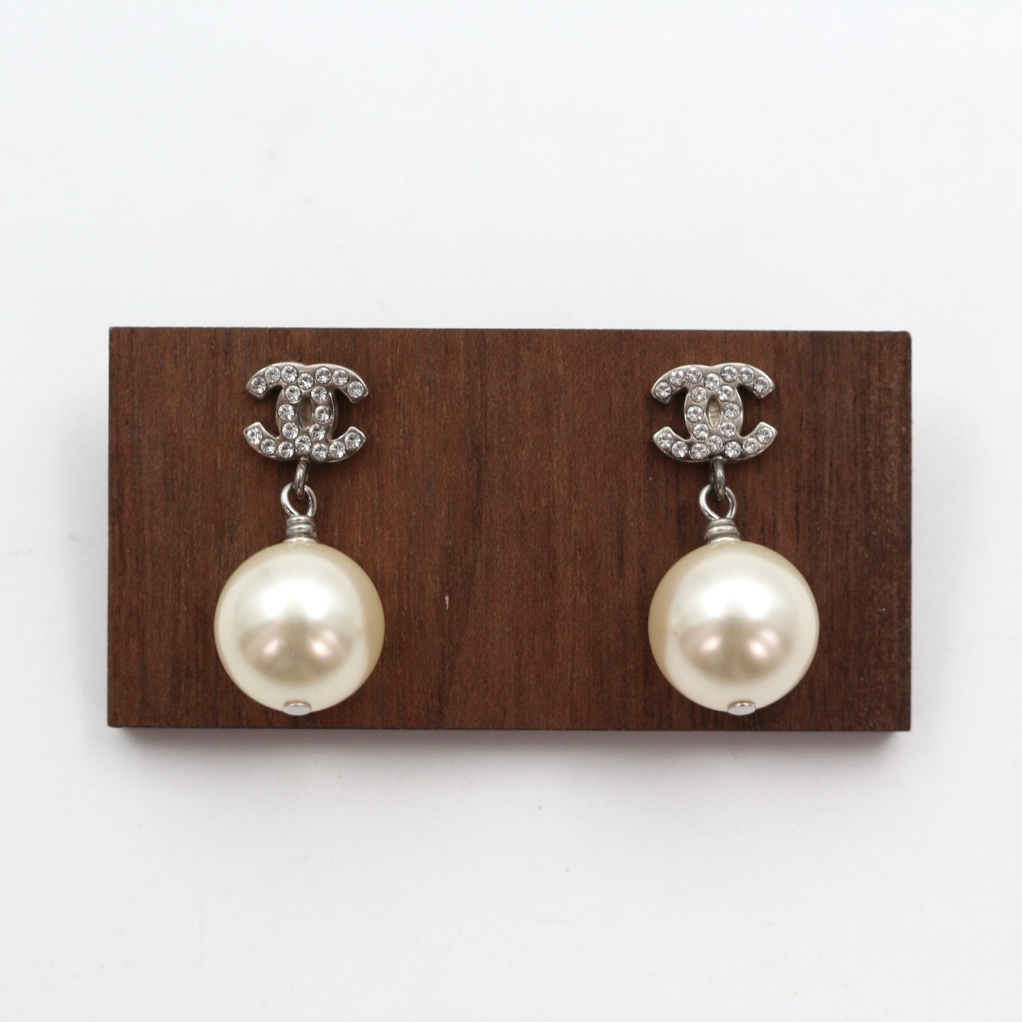 Chanel Crystal CC Faux Pearl Drop Earrings B14V Silver [Used]