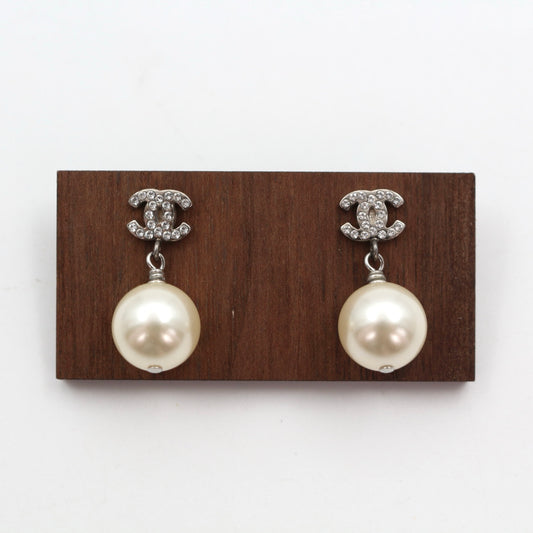 Chanel Crystal CC Faux Pearl Drop Earrings B14V Silver [Used]
