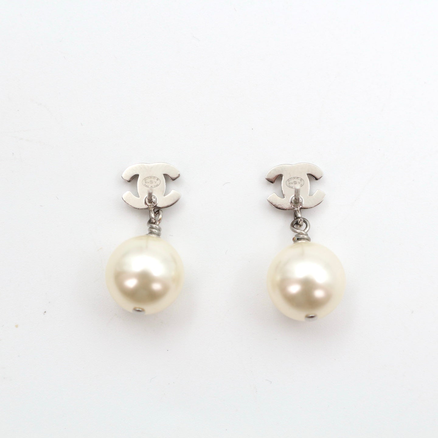Chanel Crystal CC Faux Pearl Drop Earrings B14V Silver [Used]