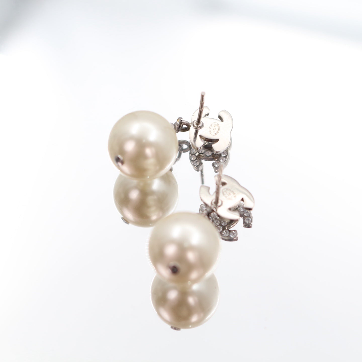 Chanel Crystal CC Faux Pearl Drop Earrings B14V Silver [Used]