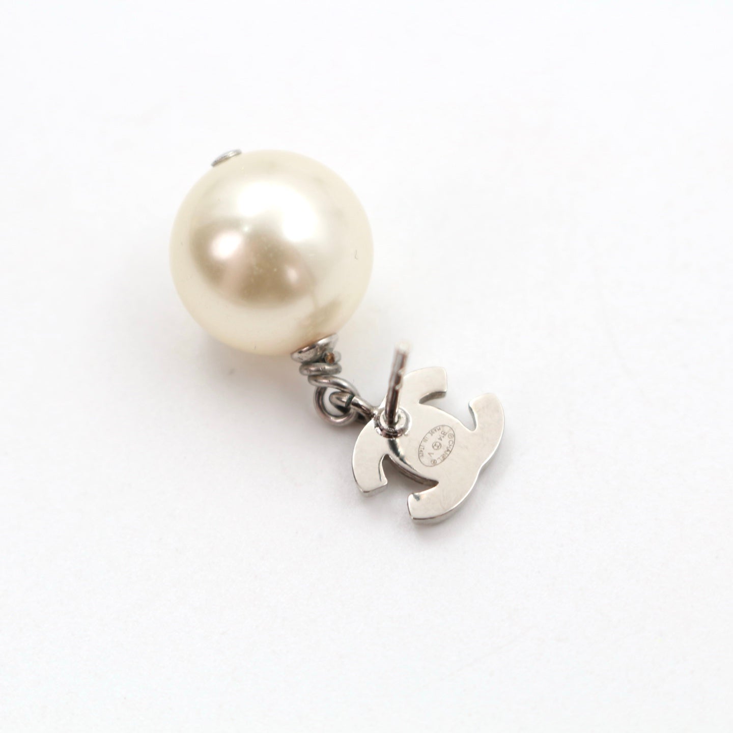 Chanel Crystal CC Faux Pearl Drop Earrings B14V Silver [Used]
