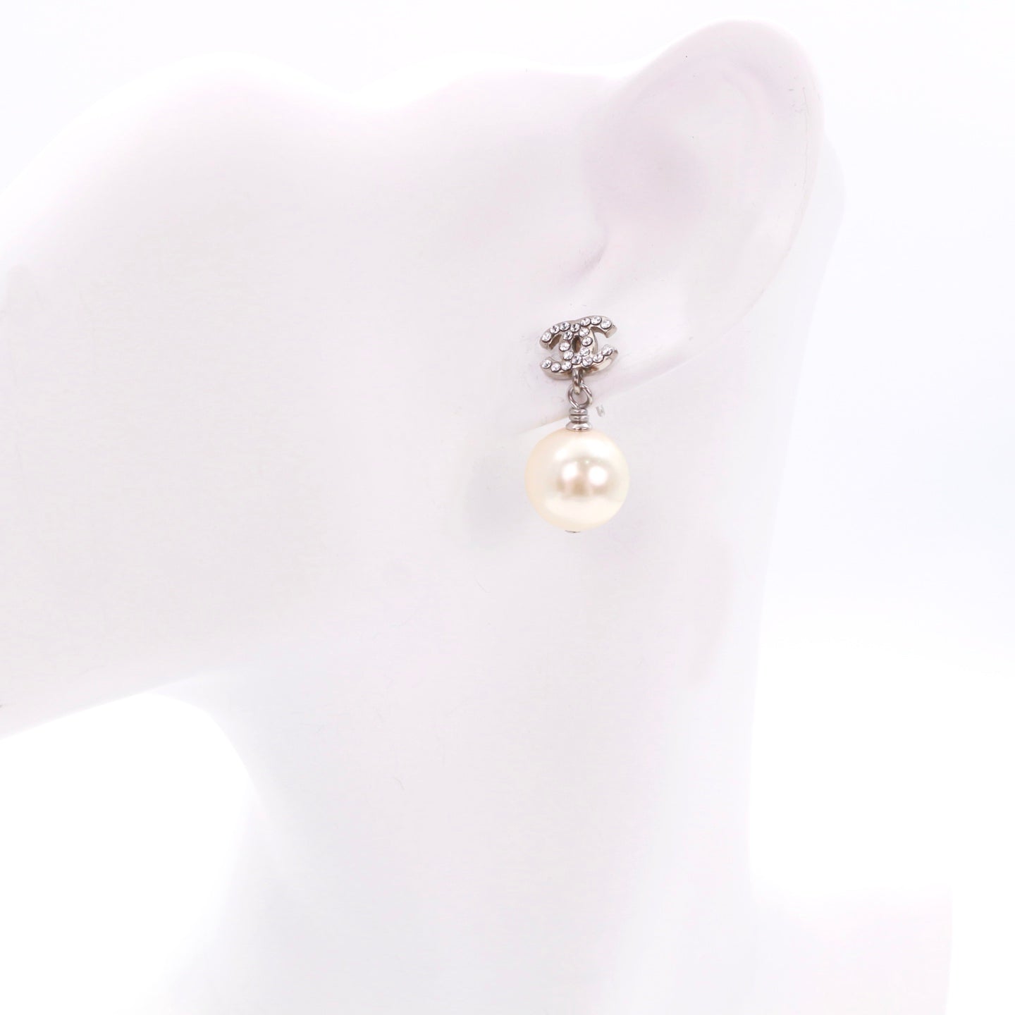 Chanel Crystal CC Faux Pearl Drop Earrings B14V Silver [Used]