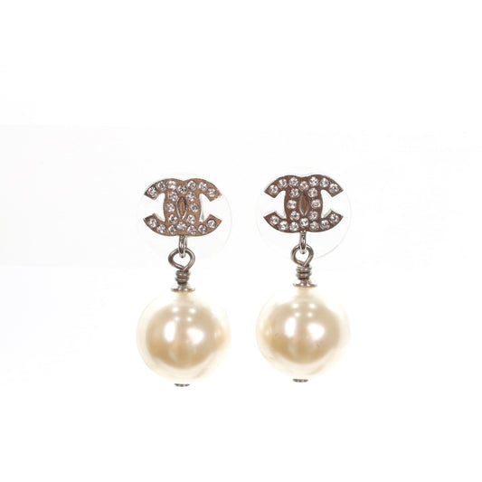 Chanel Crystal CC Faux Pearl Drop Earrings A24V Silver [Used]