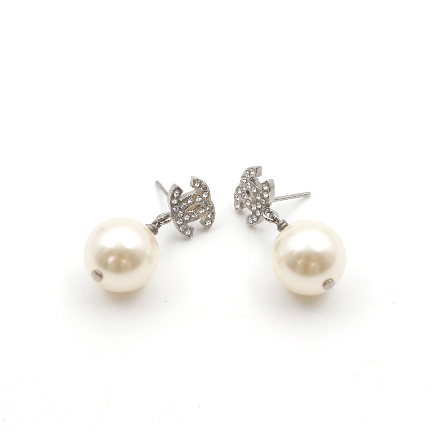 Chanel Crystal CC Faux Pearl Drop Earrings A24V Silver [Used]